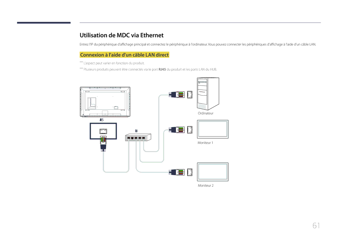 Samsung LH65DMERTBC/EN, LH82DMERTBC/EN manual Utilisation de MDC via Ethernet, Connexion à laide dun câble LAN direct 