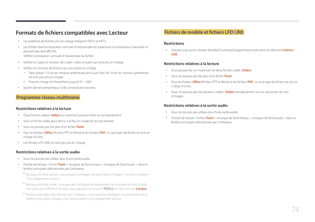 Samsung LH75DMERTBC/EN, LH82DMERTBC/EN manual Formats de fichiers compatibles avec Lecteur, Programme réseau multitrame 