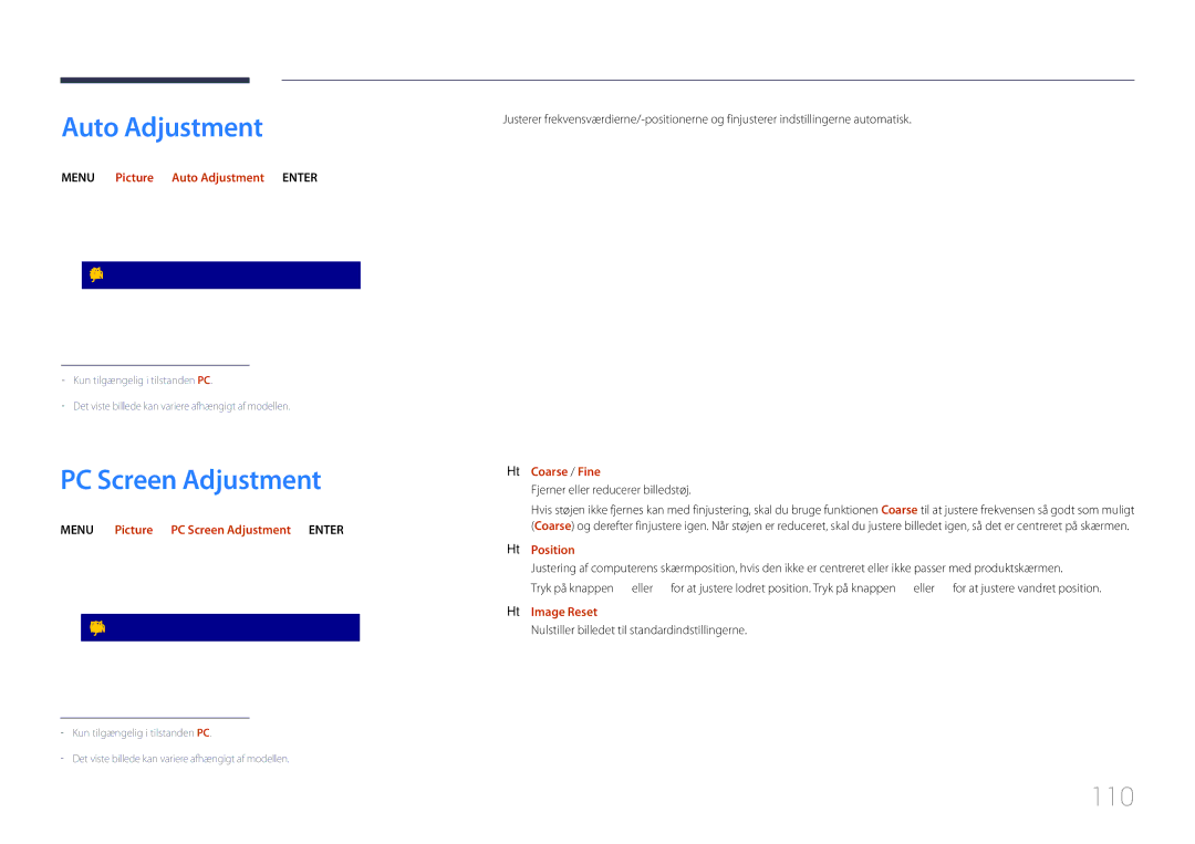 Samsung LH75DMERTBC/EN, LH82DMERTBC/EN, LH65DMERTBC/EN, LH82DMEMTBC/EN manual Auto Adjustment, PC Screen Adjustment, 110 