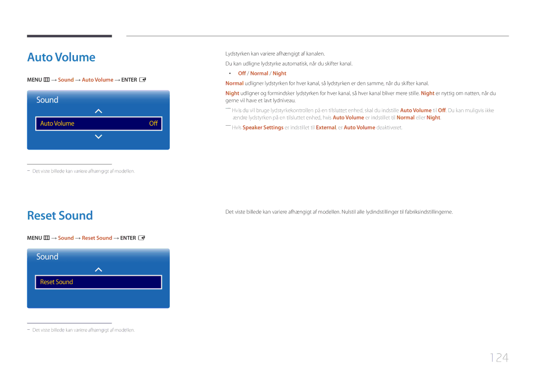 Samsung LH82DMERTBC/EN, LH65DMERTBC/EN, LH75DMERTBC/EN, LH82DMEMTBC/EN manual Auto Volume, Reset Sound, 124 