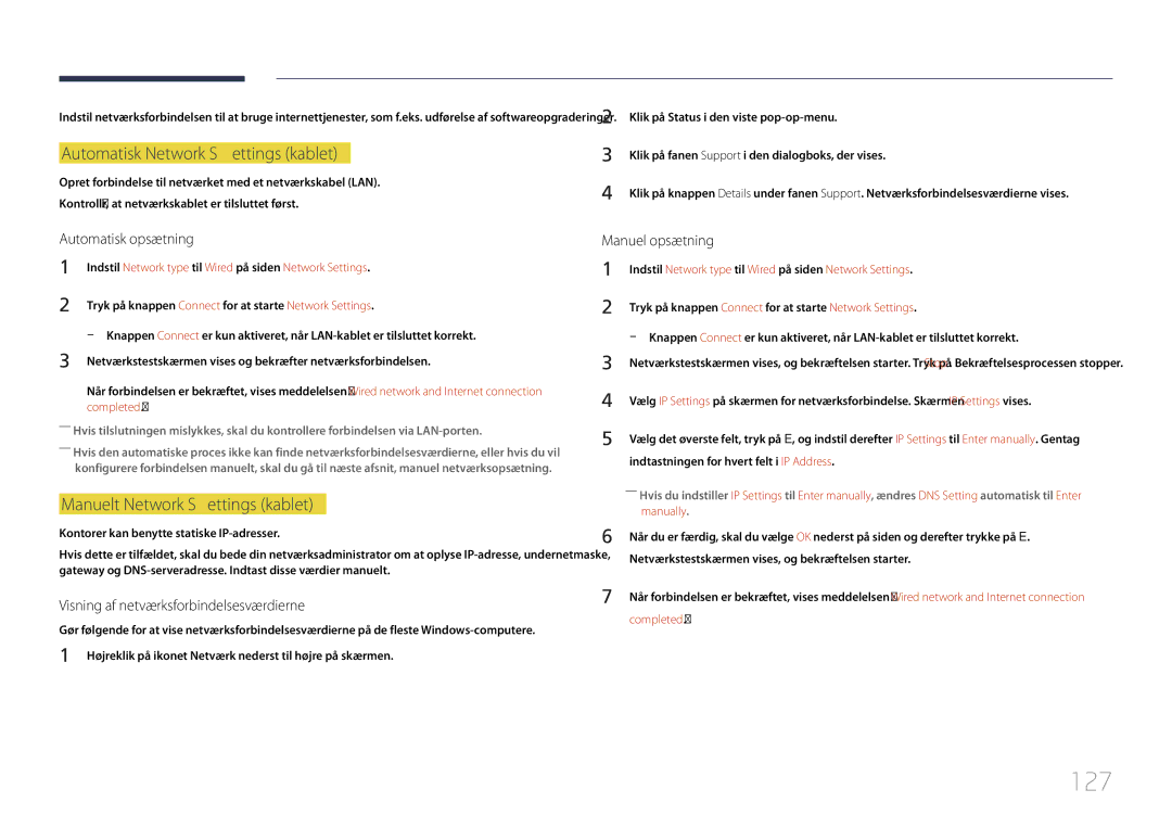 Samsung LH82DMEMTBC/EN, LH82DMERTBC/EN manual 127, Automatisk Network Settings kablet, Manuelt Network Settings kablet 