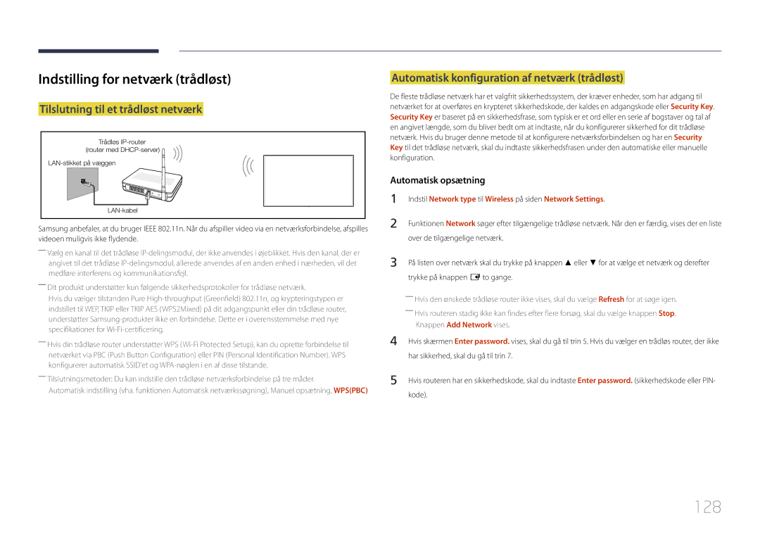 Samsung LH82DMERTBC/EN, LH65DMERTBC/EN manual 128, Indstilling for netværk trådløst, Tilslutning til et trådløst netværk 