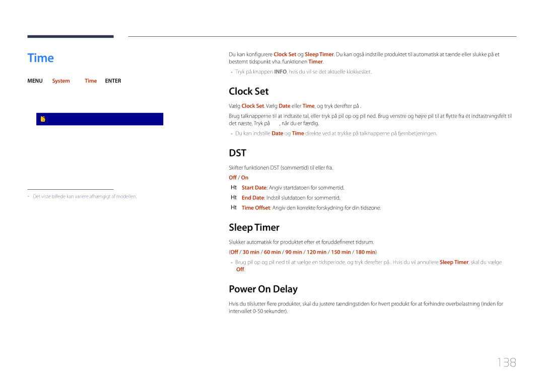 Samsung LH75DMERTBC/EN, LH82DMERTBC/EN, LH65DMERTBC/EN, LH82DMEMTBC/EN manual 138, Clock Set, Sleep Timer, Power On Delay 