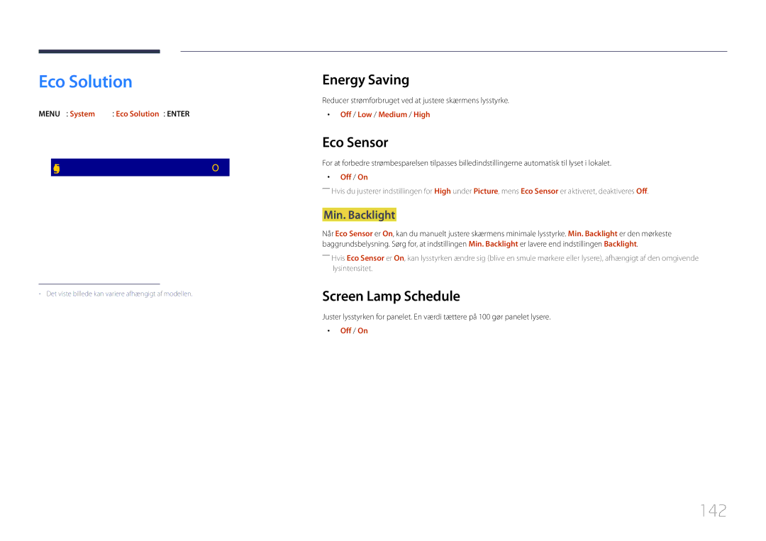 Samsung LH75DMERTBC/EN, LH82DMERTBC/EN, LH65DMERTBC/EN Eco Solution, 142, Energy Saving, Eco Sensor, Screen Lamp Schedule 