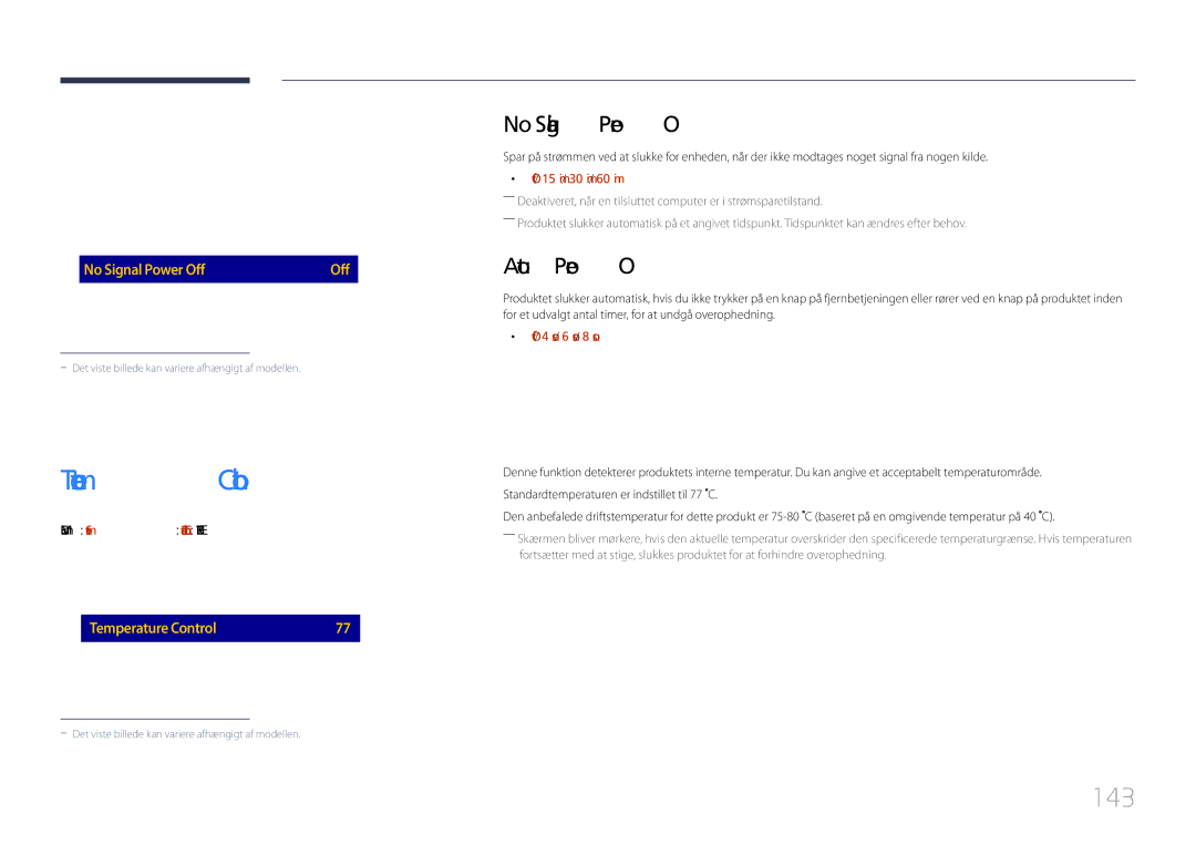 Samsung LH82DMEMTBC/EN, LH82DMERTBC/EN, LH65DMERTBC/EN manual Temperature Control, 143, No Signal Power Off, Auto Power Off 