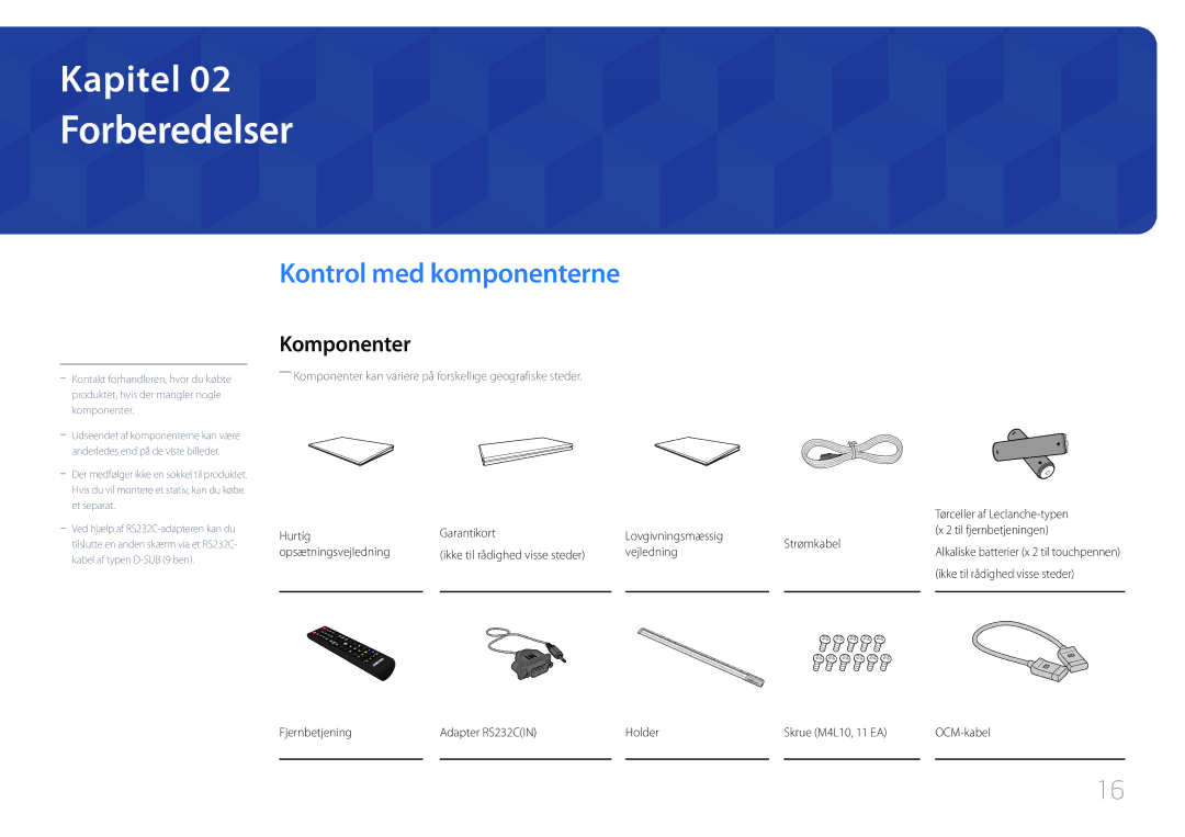 Samsung LH82DMERTBC/EN, LH65DMERTBC/EN Forberedelser, Kontrol med komponenterne, Komponenter, Tørceller af Leclanche-typen 