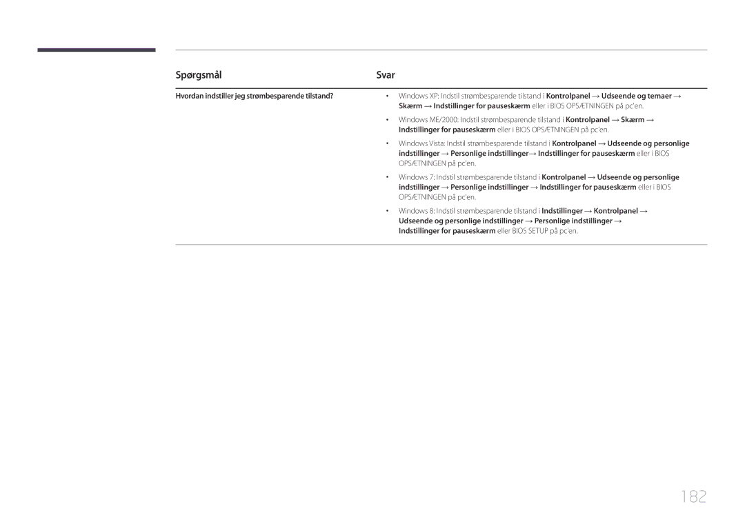 Samsung LH75DMERTBC/EN, LH82DMERTBC/EN manual 182, Spørgsmål, Svar, Hvordan indstiller jeg strømbesparende tilstand? 