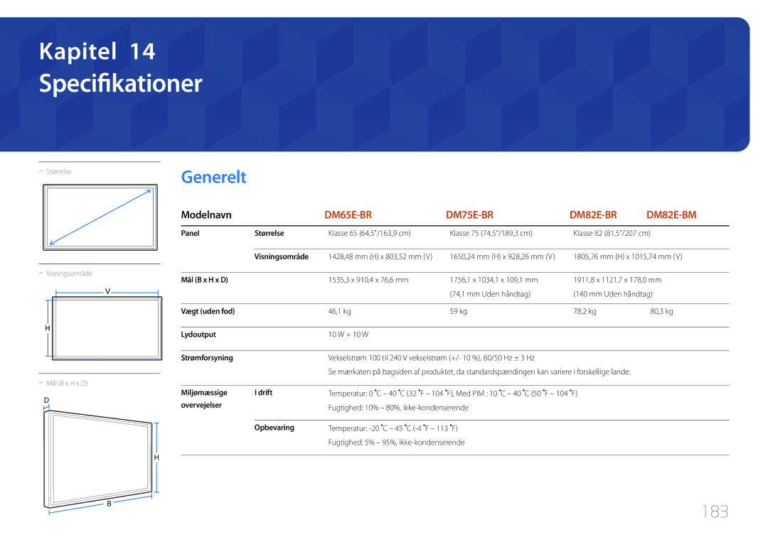 Samsung LH82DMEMTBC/EN, LH82DMERTBC/EN, LH65DMERTBC/EN, LH75DMERTBC/EN manual Specifikationer, Generelt, 183 