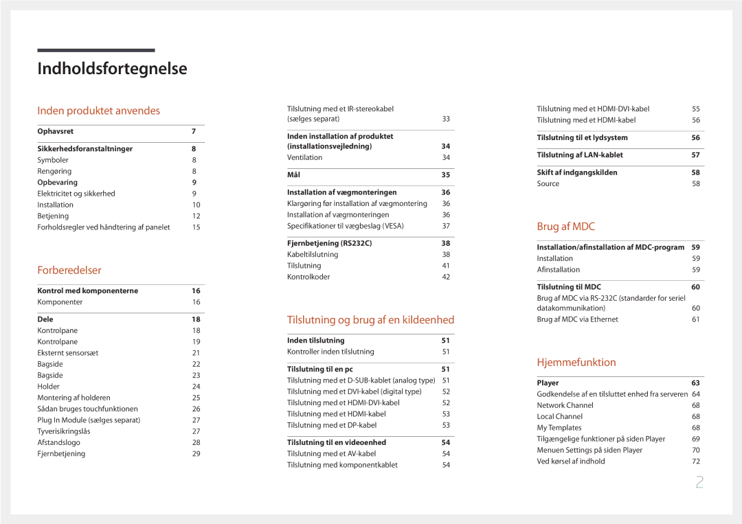 Samsung LH75DMERTBC/EN, LH82DMERTBC/EN, LH65DMERTBC/EN, LH82DMEMTBC/EN manual Indholdsfortegnelse 