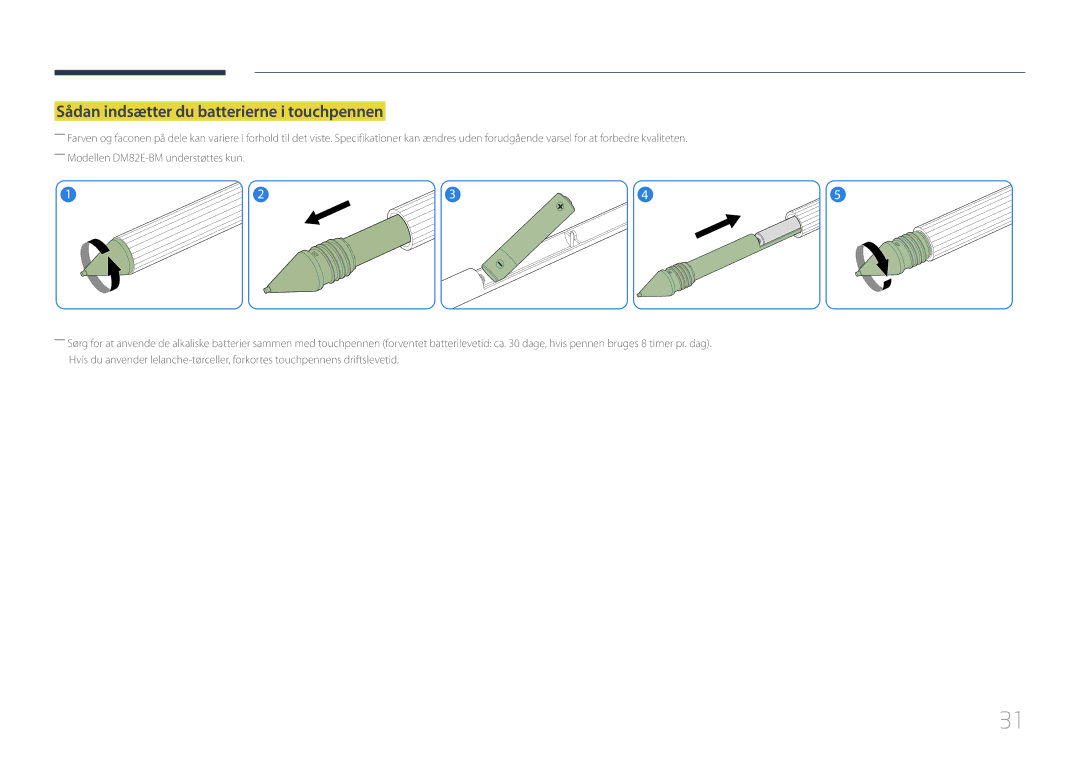 Samsung LH82DMEMTBC/EN, LH82DMERTBC/EN, LH65DMERTBC/EN, LH75DMERTBC/EN manual Sådan indsætter du batterierne i touchpennen 