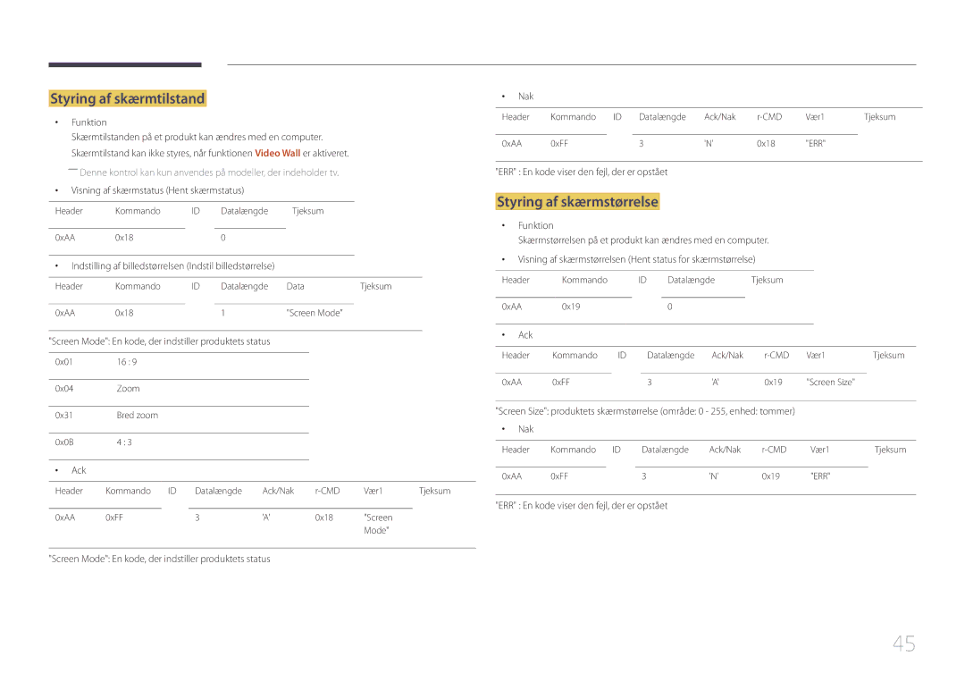 Samsung LH65DMERTBC/EN, LH82DMERTBC/EN, LH75DMERTBC/EN, LH82DMEMTBC/EN manual Styring af skærmtilstand 