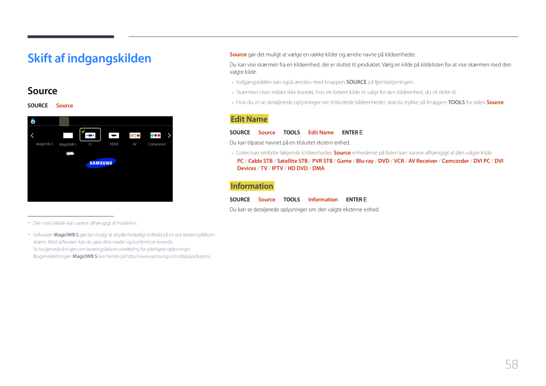 Samsung LH75DMERTBC/EN, LH82DMERTBC/EN, LH65DMERTBC/EN manual Skift af indgangskilden, Source, Edit Name, Information 