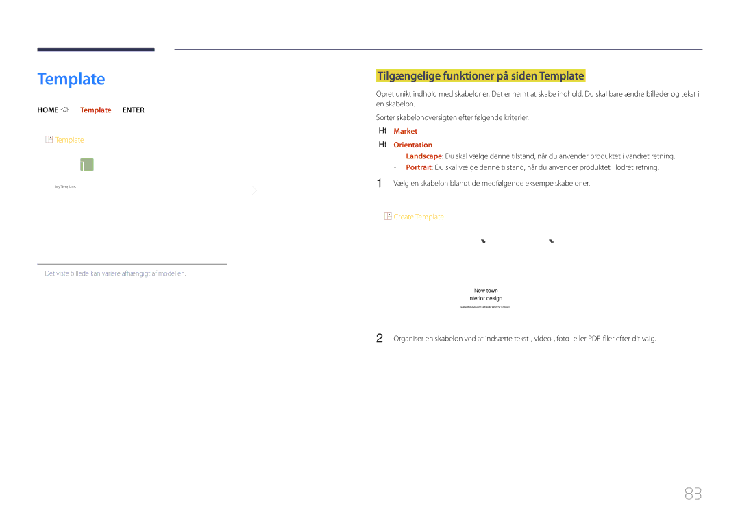 Samsung LH82DMEMTBC/EN manual Tilgængelige funktioner på siden Template, Home → Template → Enter E, Market, Orientation 