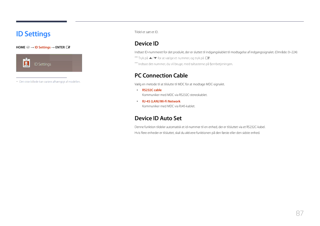 Samsung LH82DMEMTBC/EN, LH82DMERTBC/EN, LH65DMERTBC/EN manual ID Settings, PC Connection Cable, Device ID Auto Set 