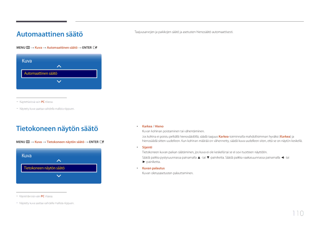 Samsung LH75DMERTBC/EN, LH82DMERTBC/EN, LH65DMERTBC/EN, LH82DMEMTBC/EN Automaattinen säätö, Tietokoneen näytön säätö, 110 