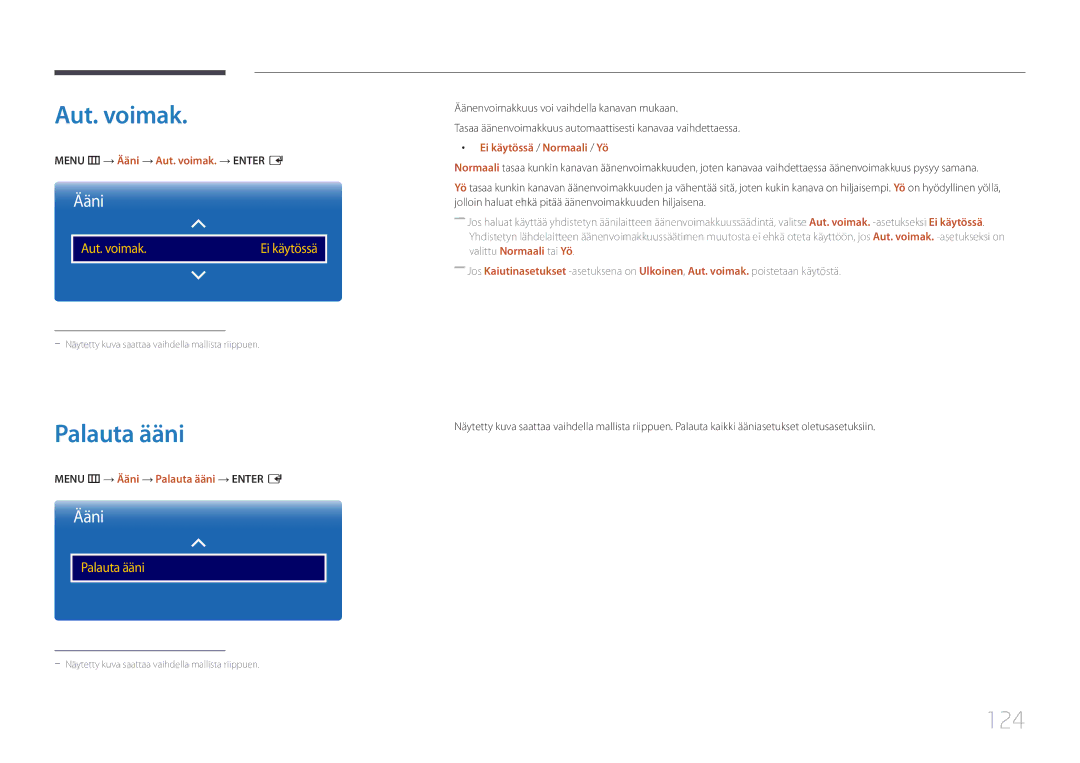 Samsung LH82DMERTBC/EN, LH65DMERTBC/EN, LH75DMERTBC/EN, LH82DMEMTBC/EN manual Aut. voimak, Palauta ääni, 124 