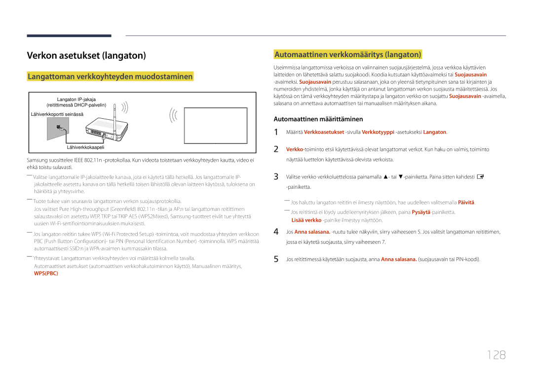 Samsung LH82DMERTBC/EN, LH65DMERTBC/EN manual 128, Verkon asetukset langaton, Langattoman verkkoyhteyden muodostaminen 