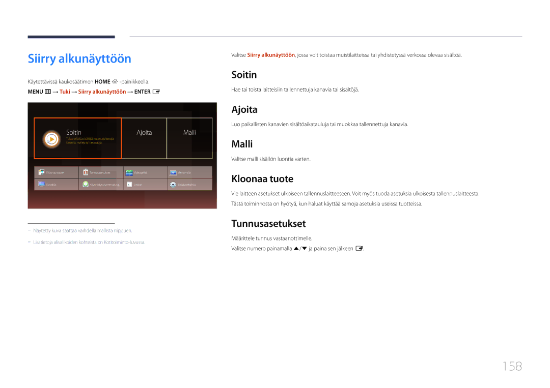 Samsung LH75DMERTBC/EN, LH82DMERTBC/EN, LH65DMERTBC/EN, LH82DMEMTBC/EN manual Siirry alkunäyttöön, 158 