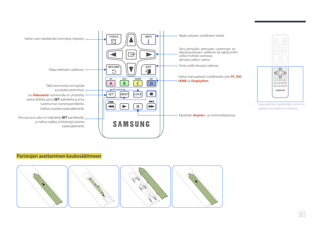 Samsung LH75DMERTBC/EN manual Paristojen asettaminen kaukosäätimeen, Valitse usein käyttämiäsi toimintoja nopeasti 