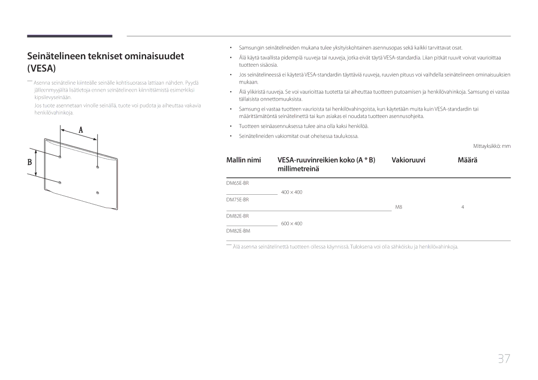 Samsung LH65DMERTBC/EN, LH82DMERTBC/EN manual Seinätelineen tekniset ominaisuudet Vesa, Vakioruuvi Määrä Millimetreinä 