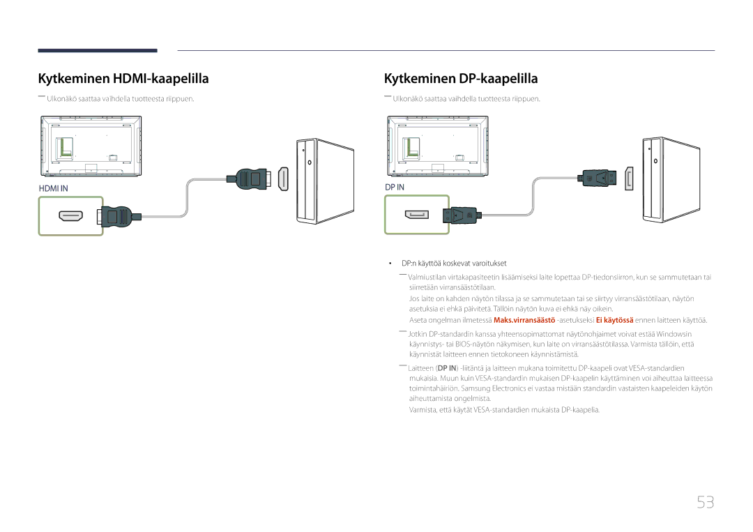 Samsung LH65DMERTBC/EN manual Kytkeminen HDMI-kaapelilla, Kytkeminen DP-kaapelilla, DPn käyttöä koskevat varoitukset 