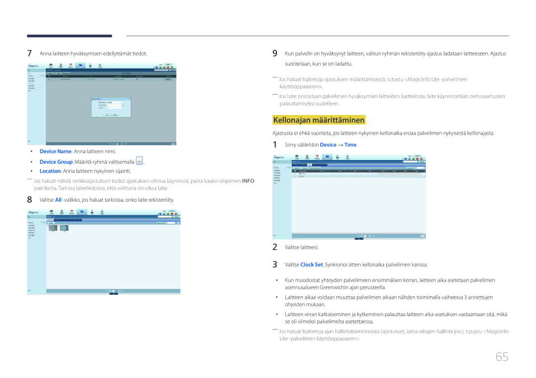 Samsung LH65DMERTBC/EN, LH82DMERTBC/EN, LH75DMERTBC/EN, LH82DMEMTBC/EN manual Kellonajan määrittäminen 