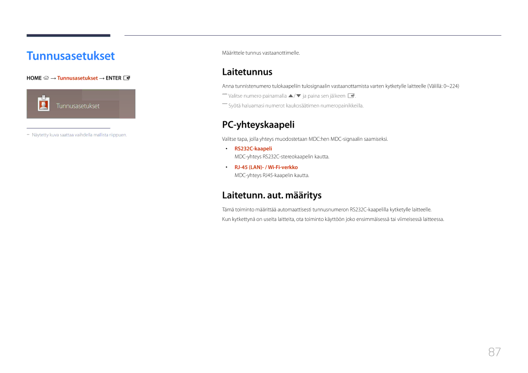 Samsung LH82DMEMTBC/EN, LH82DMERTBC/EN manual Tunnusasetukset, Laitetunnus, PC-yhteyskaapeli, Laitetunn. aut. määritys 