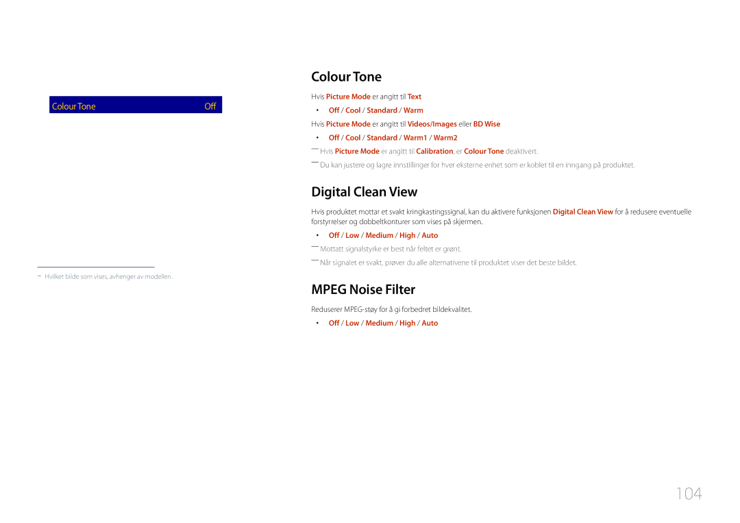 Samsung LH82DMERTBC/EN manual 104, Colour Tone, Digital Clean View, Mpeg Noise Filter, Off / Low / Medium / High / Auto 