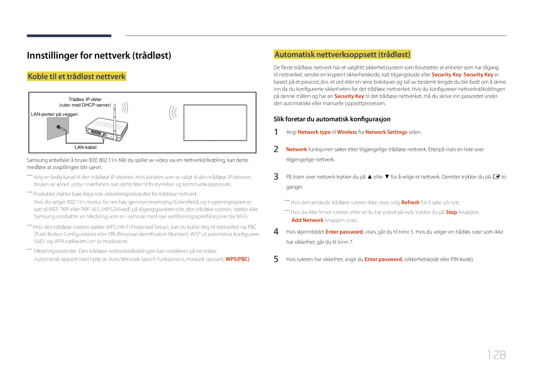 Samsung LH82DMERTBC/EN, LH65DMERTBC/EN manual 128, Innstillinger for nettverk trådløst, Koble til et trådløst nettverk 