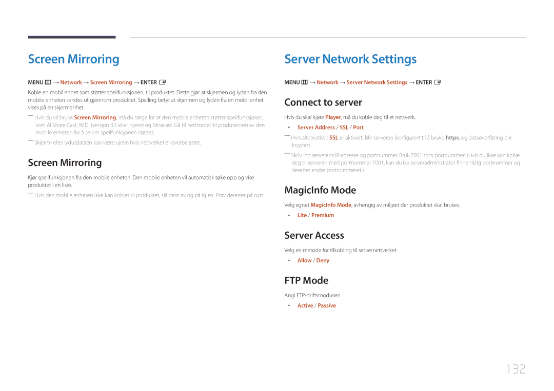 Samsung LH82DMERTBC/EN, LH65DMERTBC/EN, LH75DMERTBC/EN, LH82DMEMTBC/EN manual Screen Mirroring, Server Network Settings, 132 