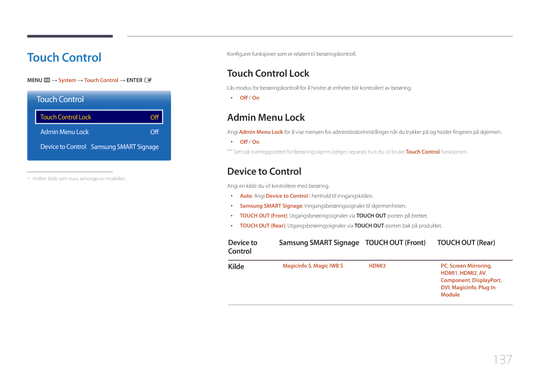 Samsung LH65DMERTBC/EN, LH82DMERTBC/EN, LH75DMERTBC/EN manual 137, Touch Control Lock, Admin Menu Lock, Device to Control 