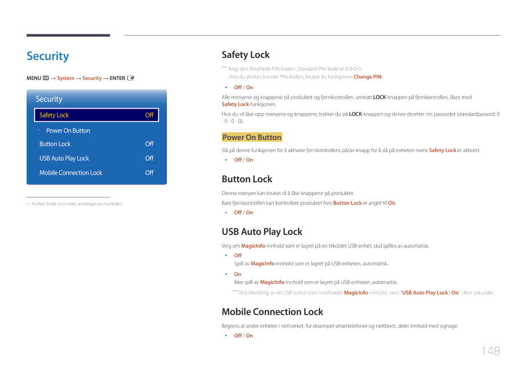 Samsung LH82DMERTBC/EN, LH65DMERTBC/EN, LH75DMERTBC/EN, LH82DMEMTBC/EN manual Security, 148 