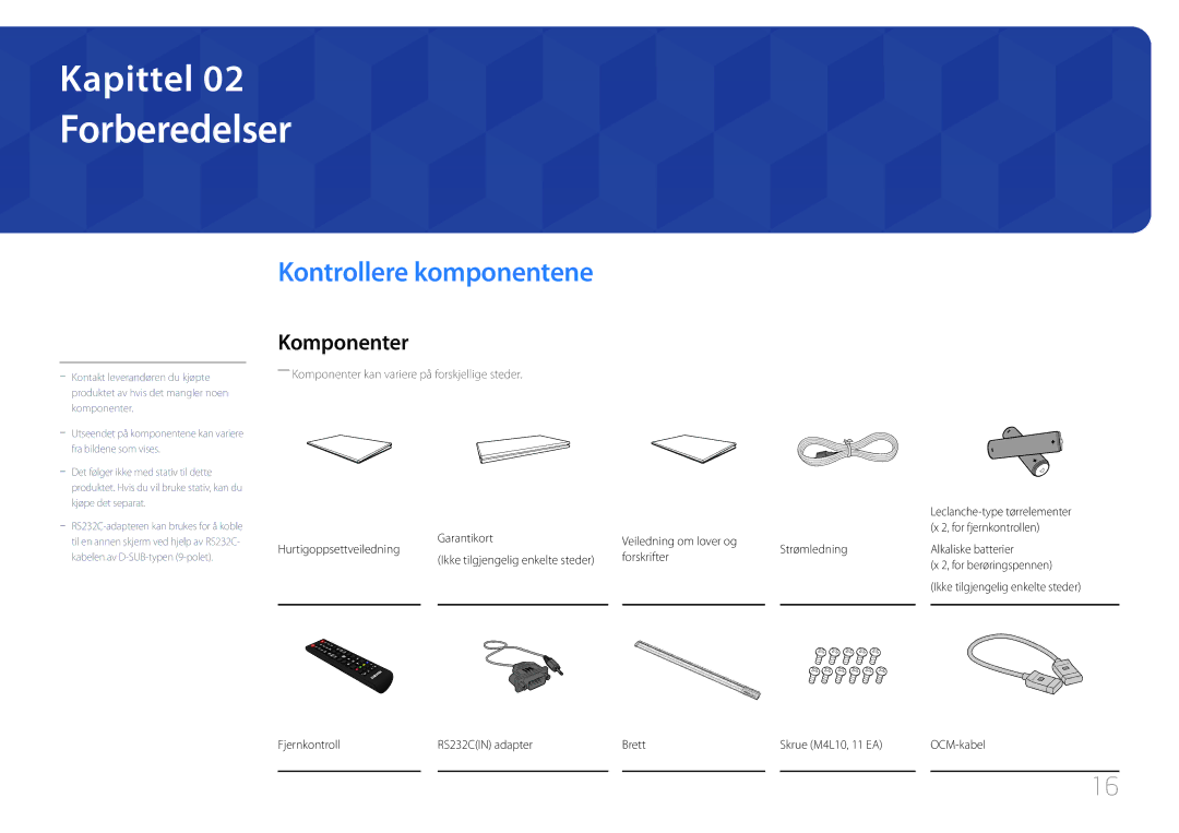 Samsung LH82DMERTBC/EN, LH65DMERTBC/EN, LH75DMERTBC/EN, LH82DMEMTBC/EN Forberedelser, Kontrollere komponentene, Komponenter 