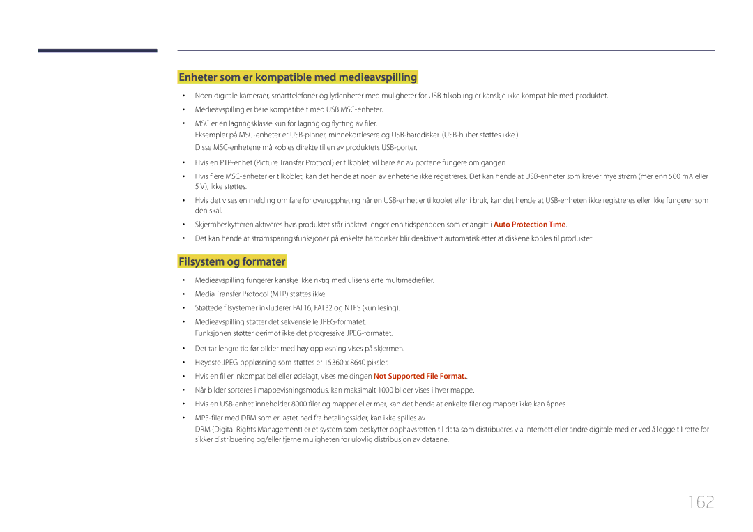 Samsung LH75DMERTBC/EN, LH82DMERTBC/EN manual 162, Enheter som er kompatible med medieavspilling, Filsystem og formater 