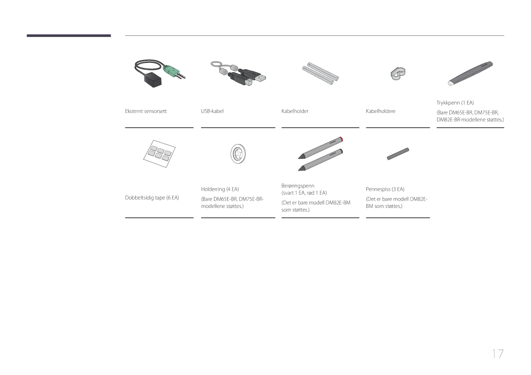 Samsung LH65DMERTBC/EN, LH82DMERTBC/EN, LH75DMERTBC/EN, LH82DMEMTBC/EN manual Modellene støttes, Kabelholder, Trykkpenn 1 EA 