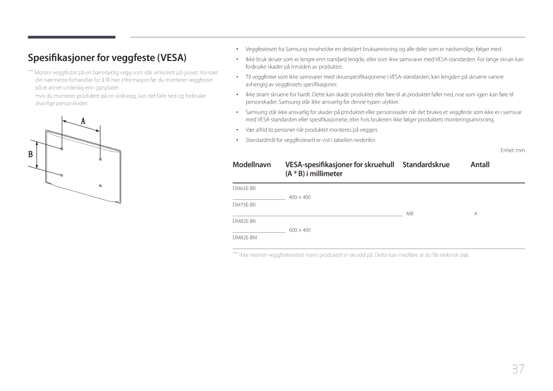 Samsung LH65DMERTBC/EN, LH82DMERTBC/EN, LH75DMERTBC/EN manual Spesifikasjoner for veggfeste Vesa, Antall, I millimeter 