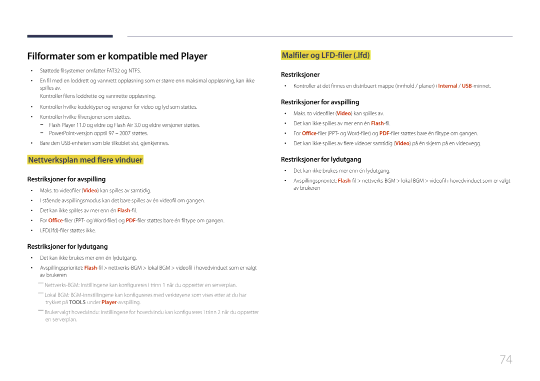 Samsung LH75DMERTBC/EN, LH82DMERTBC/EN manual Filformater som er kompatible med Player, Nettverksplan med flere vinduer 