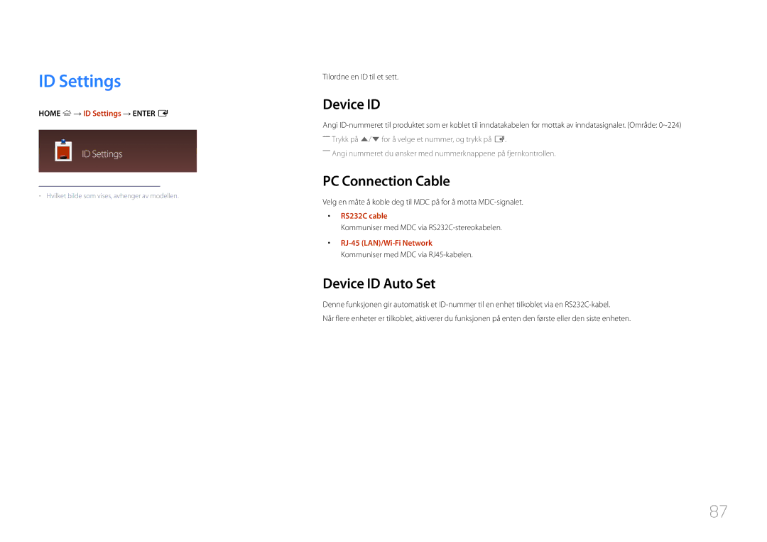 Samsung LH82DMEMTBC/EN, LH82DMERTBC/EN, LH65DMERTBC/EN manual ID Settings, PC Connection Cable, Device ID Auto Set 