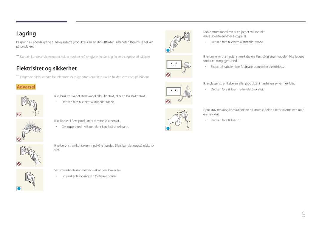 Samsung LH65DMERTBC/EN, LH82DMERTBC/EN, LH75DMERTBC/EN, LH82DMEMTBC/EN manual Lagring, Elektrisitet og sikkerhet 