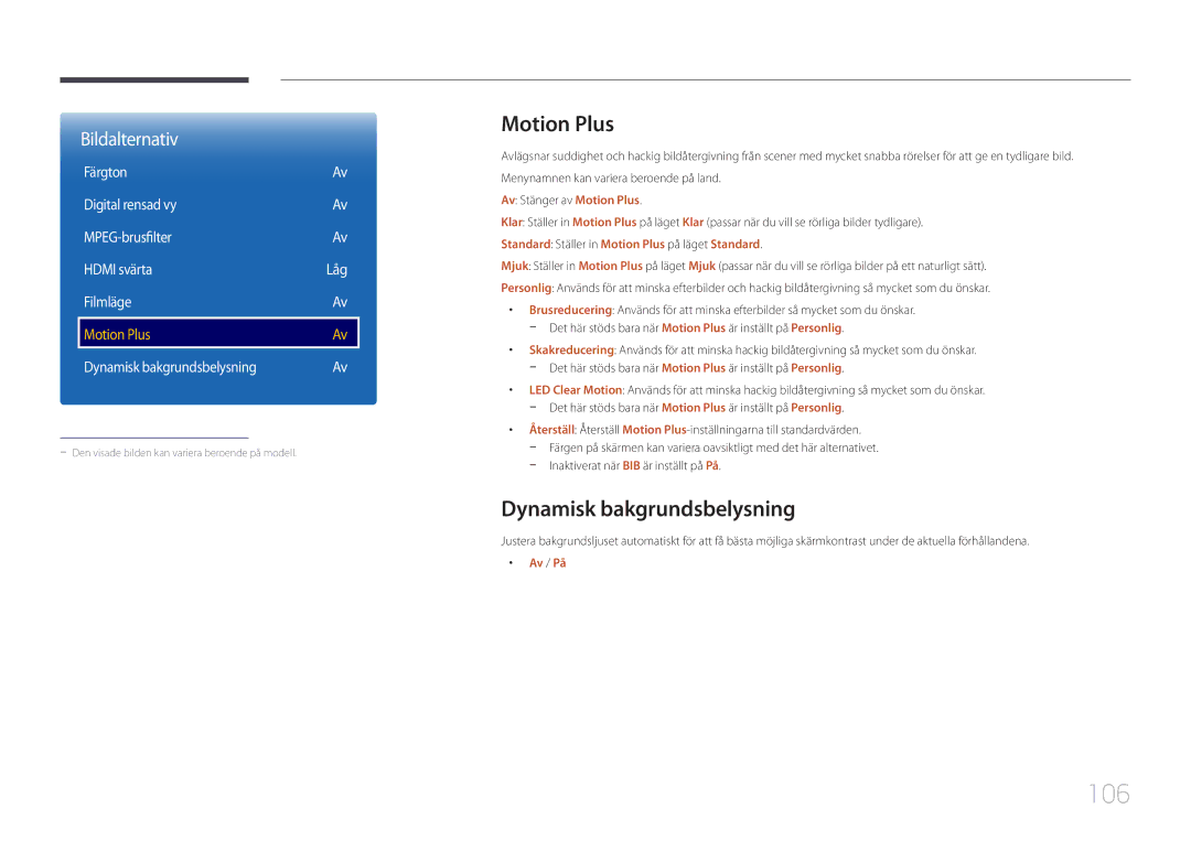 Samsung LH75DMERTBC/EN, LH82DMERTBC/EN, LH65DMERTBC/EN manual 106, Motion Plus, Dynamisk bakgrundsbelysning, Filmläge 