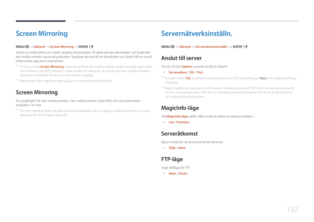 Samsung LH82DMERTBC/EN, LH65DMERTBC/EN, LH75DMERTBC/EN, LH82DMEMTBC/EN manual Screen Mirroring, Servernätverksinställn, 132 