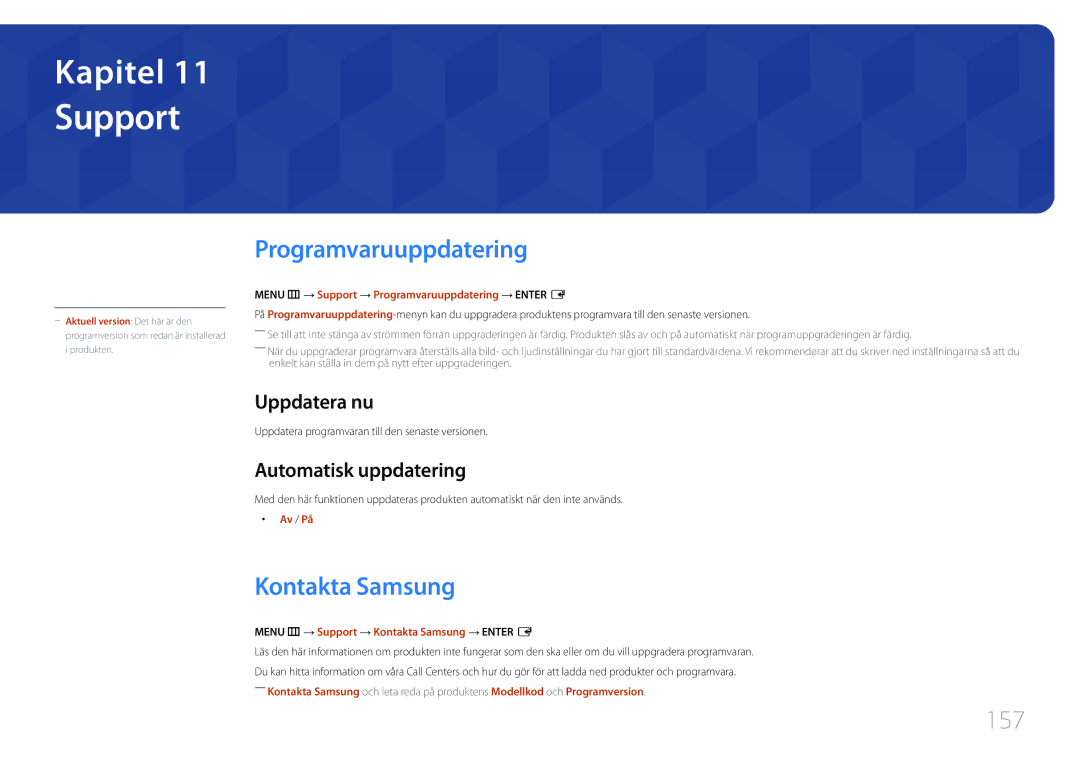 Samsung LH65DMERTBC/EN, LH82DMERTBC/EN, LH75DMERTBC/EN manual Support, Programvaruuppdatering, Kontakta Samsung, 157 