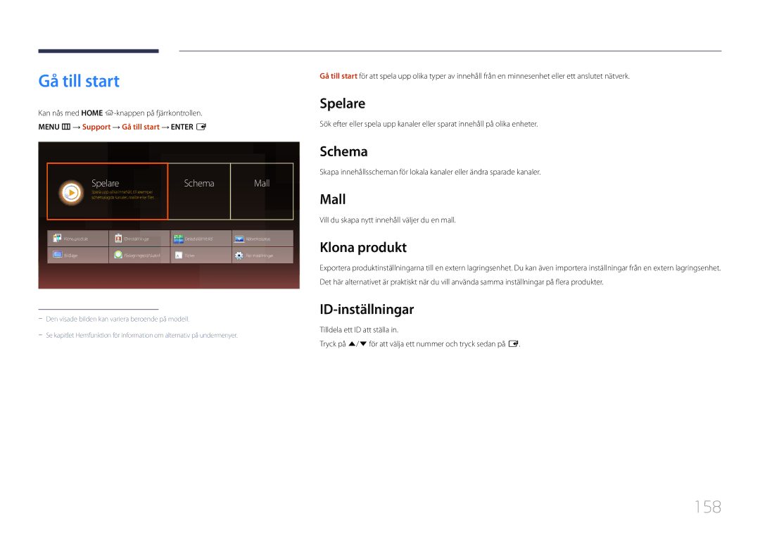 Samsung LH75DMERTBC/EN, LH82DMERTBC/EN, LH65DMERTBC/EN, LH82DMEMTBC/EN manual Gå till start, 158 