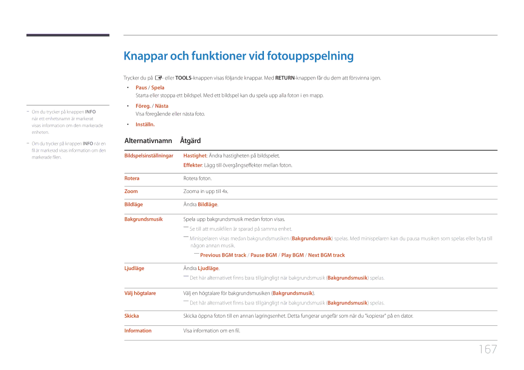 Samsung LH82DMEMTBC/EN, LH82DMERTBC/EN, LH65DMERTBC/EN, LH75DMERTBC/EN manual Knappar och funktioner vid fotouppspelning, 167 