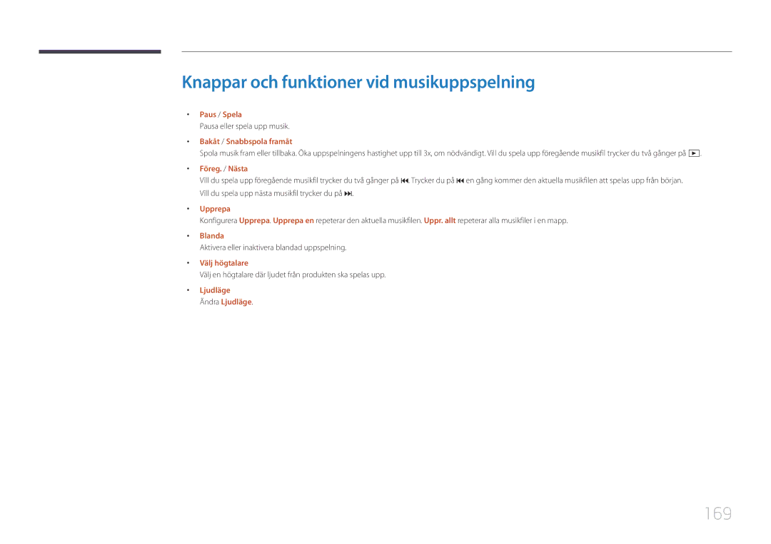 Samsung LH65DMERTBC/EN manual Knappar och funktioner vid musikuppspelning, 169, Pausa eller spela upp musik, Blanda 