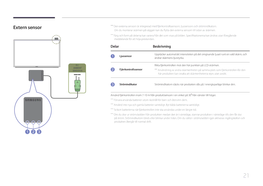 Samsung LH65DMERTBC/EN, LH82DMERTBC/EN, LH75DMERTBC/EN, LH82DMEMTBC/EN manual Extern sensor, Delar Beskrivning 