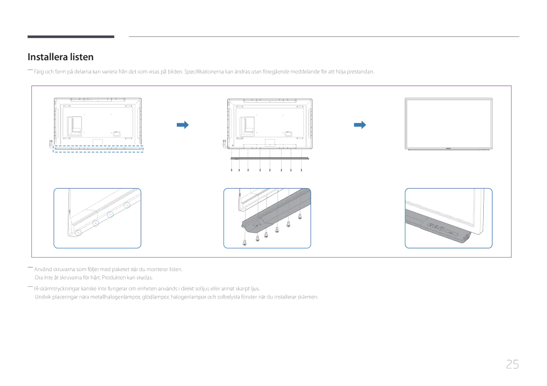 Samsung LH65DMERTBC/EN, LH82DMERTBC/EN, LH75DMERTBC/EN, LH82DMEMTBC/EN manual Installera listen 