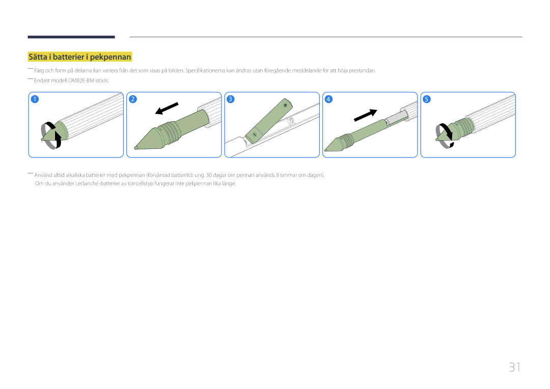 Samsung LH82DMEMTBC/EN, LH82DMERTBC/EN, LH65DMERTBC/EN, LH75DMERTBC/EN manual Sätta i batterier i pekpennan 