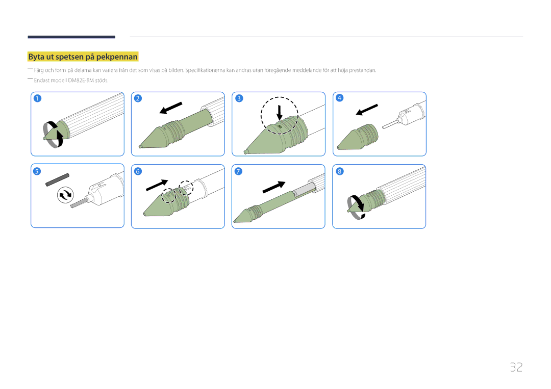 Samsung LH82DMERTBC/EN, LH65DMERTBC/EN, LH75DMERTBC/EN, LH82DMEMTBC/EN manual Byta ut spetsen på pekpennan 