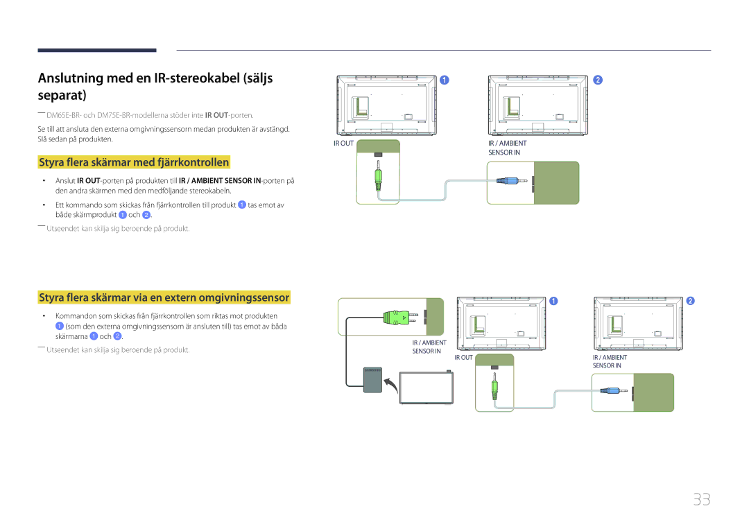 Samsung LH65DMERTBC/EN manual Anslutning med en IR-stereokabel säljs Separat, Styra flera skärmar med fjärrkontrollen 